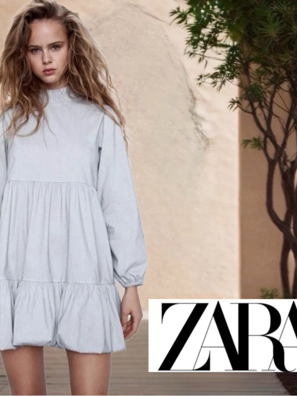ZARA S Light Gray Long-Sleeve Tiered Mini Dress